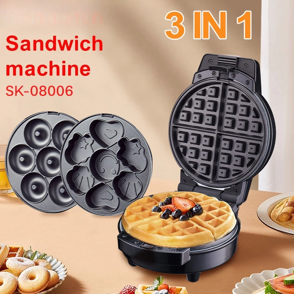 Household 3‑in‑1 Waffle Donut Maker Double‑Sided Heating Snack Breakfast Machine with Removable Swap Plates for Home Kitchen