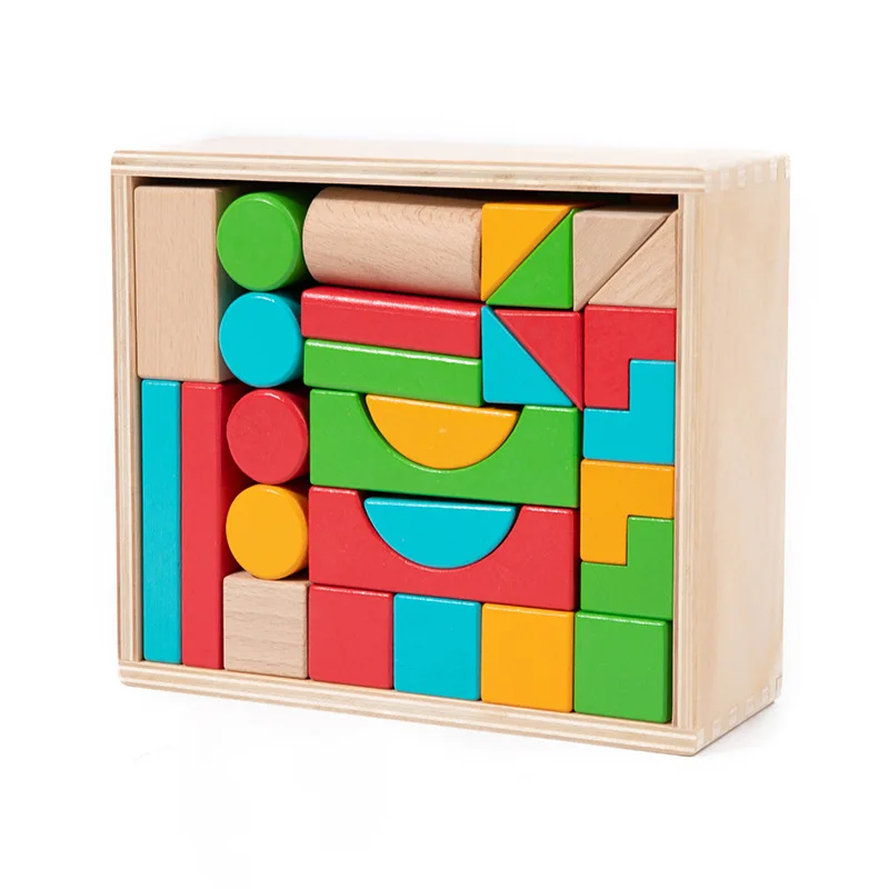 50pcs/set Wooden Geometry Rainbow Stacking Building Blocks Toys Big Blocks Assembly Stacker Game with Wood Box Educational Gifts