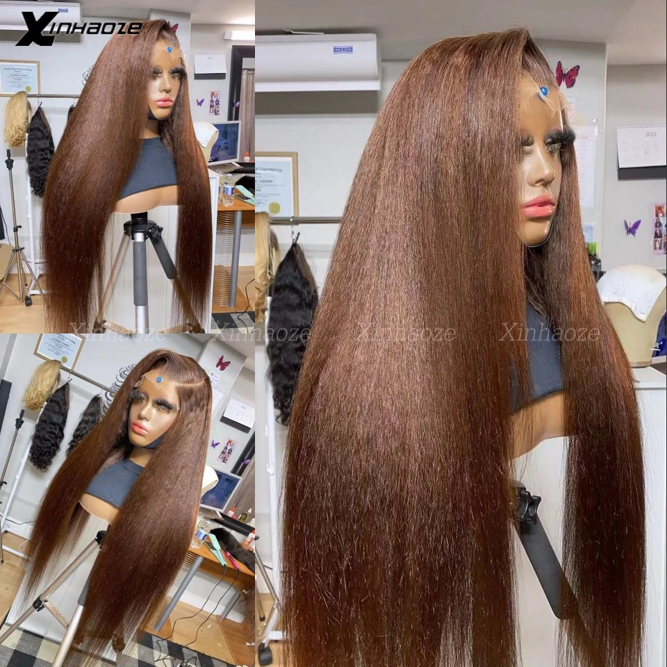 Dark Brown Kinky Straight Full Lace Wig Human Hair Full Density Kinky Straight Glueless Full Lace Wigs Can Make High Ponytail