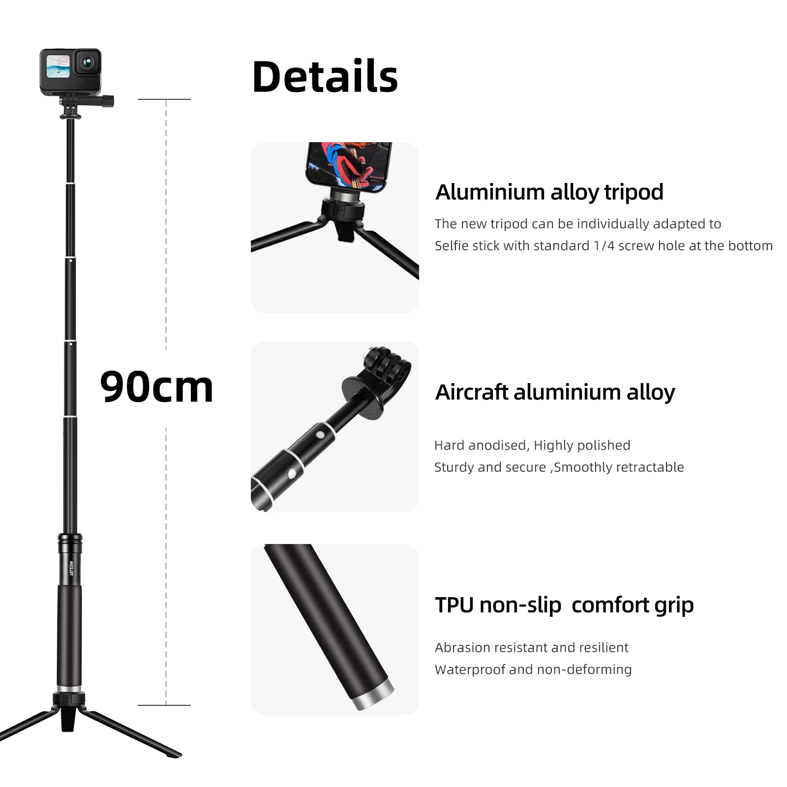 TELESIN-Palo Selfie de 90cm con trípode de aleación de aluminio para Gopro Hero 12, 11, 10, 9, 8, 7, 5, Action 3 DJI Osmo, cámara de acción,