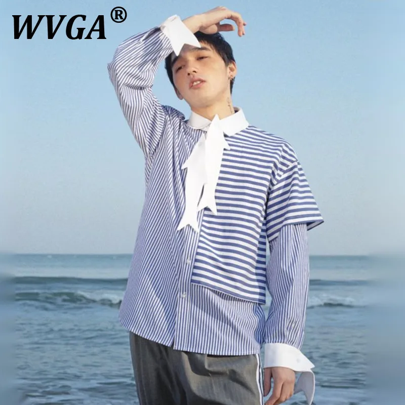 

WVGA Весенне-Осенняя новая мужская рубашка с двойной рыбой и подплечниками, рубашки с длинными рукавами, полосатая лоскутная модная повседневная рубашка Ins Y2K W10526