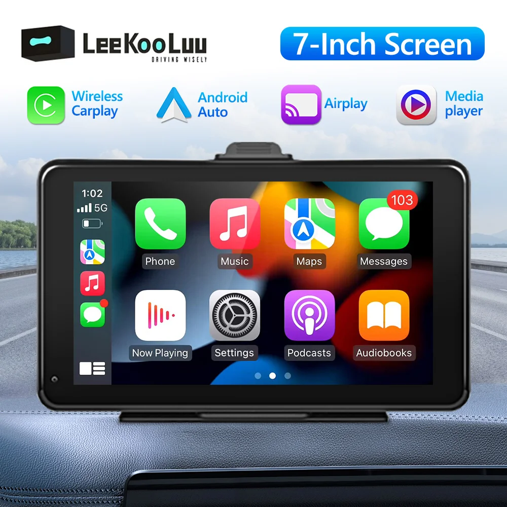 

LeeKooLuu 7" HD Car Multimedia Player Portable Car Stereo Wireless Carplay Android Auto Bluetooth Mirrorlink FM Transmitter