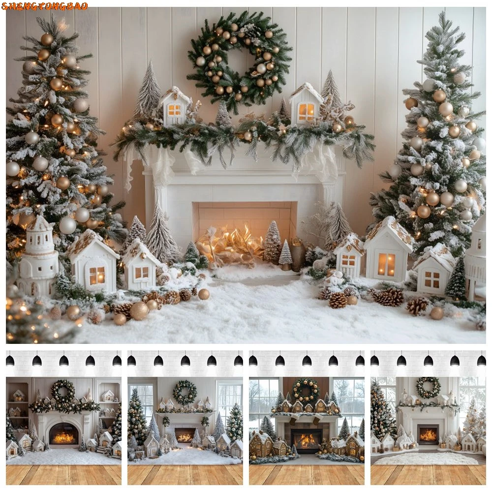 

Christmas Photography Backdrop Xmas Tree Fireplace Wreath Little Village House Kids Family Portrait Photo Background Photostudio