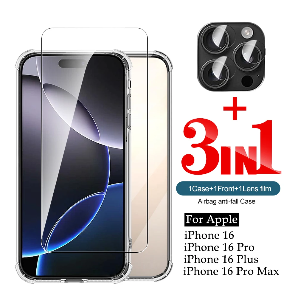 3in1 Clear Shockproof case screen For Apple iPhone 16 Pro Max Plus protector Camera Glass cover on iPhone16 ProMax 16Pro 16Plus