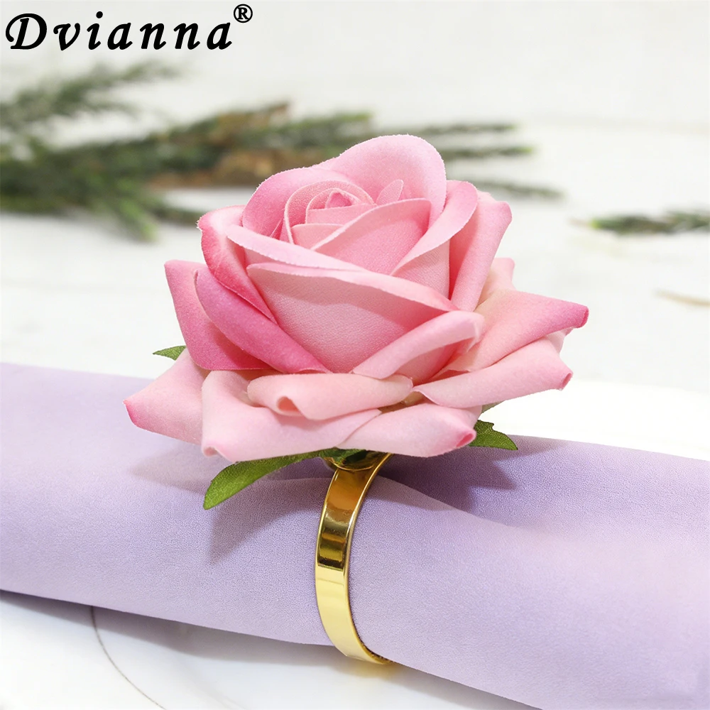 8Pcs Pink Rose Napkin Rings Romantic Cloth Flower Napkin Holders with Fabric Roses for Wedding Bridal Shower Birthday Party