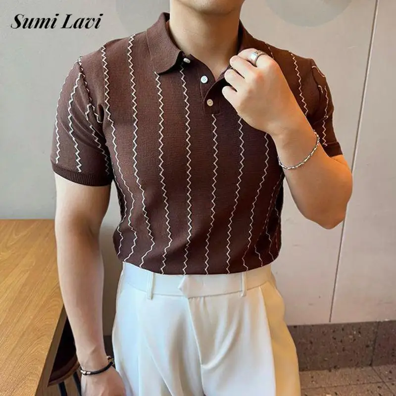 2025 Spring Summer New Casual Mens Polo Shirt Vintage Striped Crochet Buttoned Polo Neck Knit Tops Men Fashion Slim Fit Polos