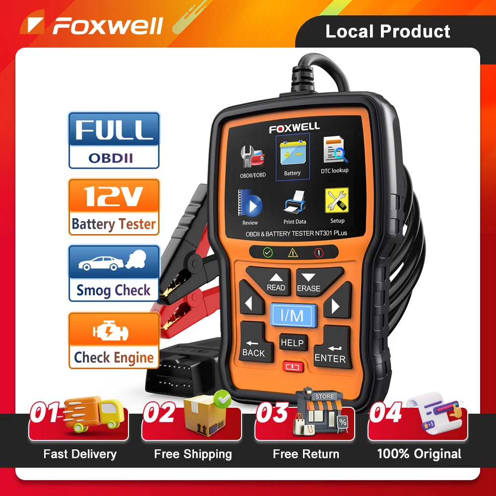 FOXWELL NT301 Plus 2 IN1 OBD2 Scanner 12V 100-2000 CCA Battery Tester OBD2 Scanner Diagnostic Tool Check Engine Car Code Reader