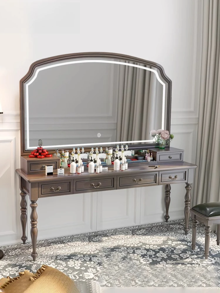 

Pure solid wood large size 1.4-1 meters American 1.2 light luxury retro bedroom oversized mirror with lamp dresser large