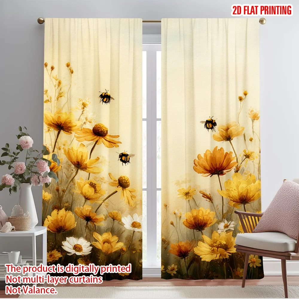 

2pcs 2D flat printing Party Curtains Bees Flowers Meadow Bumblebees Nature Polyester Without Electricity 0 Use for Booths Studio