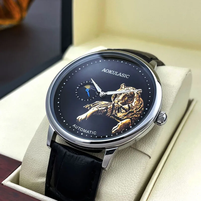 Tiger Watches Mens Automatic Mechanical Wristwatches Moon Phase Luminous Hands Leather Luxury Male Clock 2022 Relogio Masculino