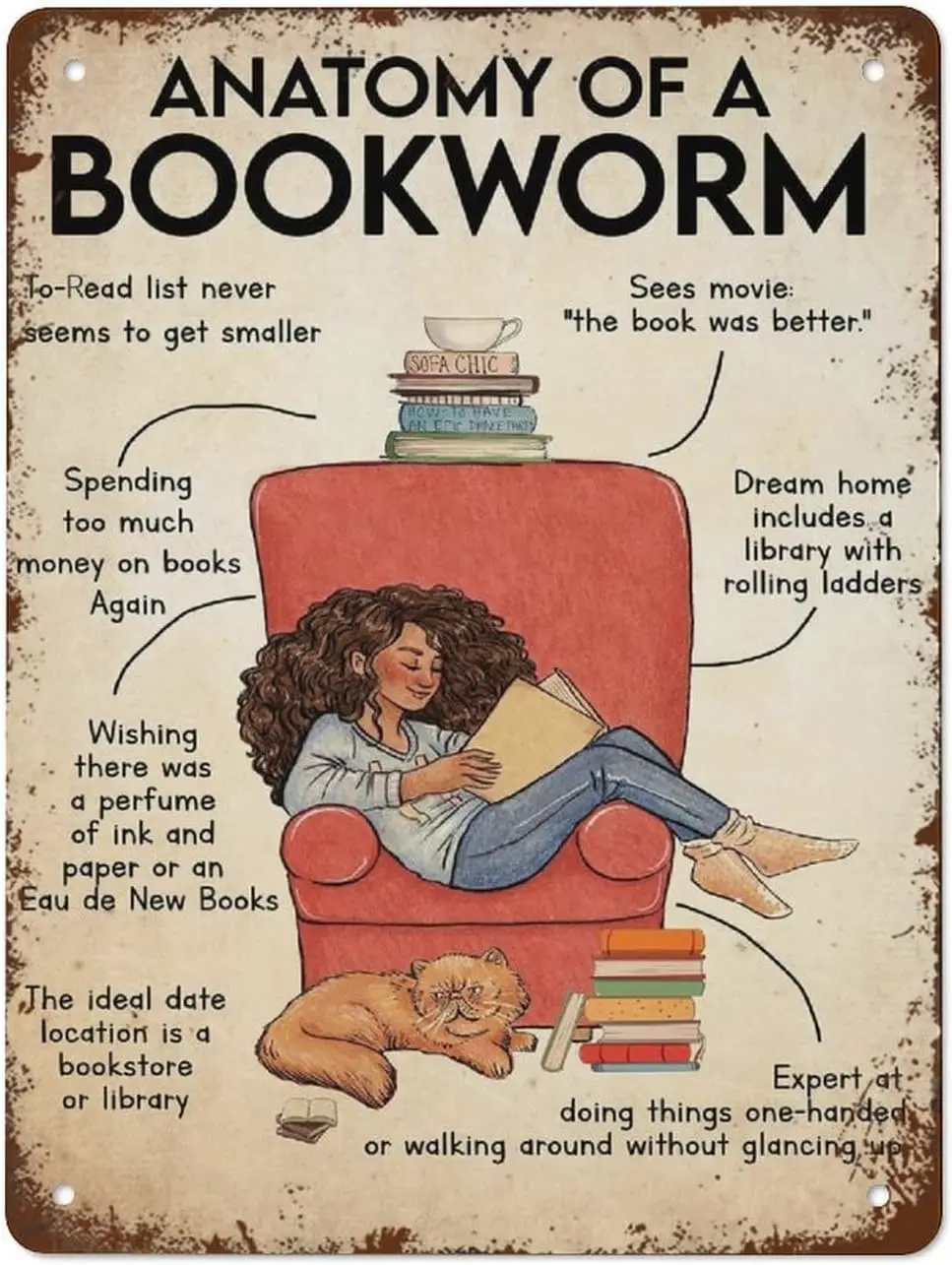 Anatomy of A Bookworm Poster,Reading Books Poster,Bookworm Gift,Love Book Poster,Book Lover Gifts Retro Metal Tin Sign