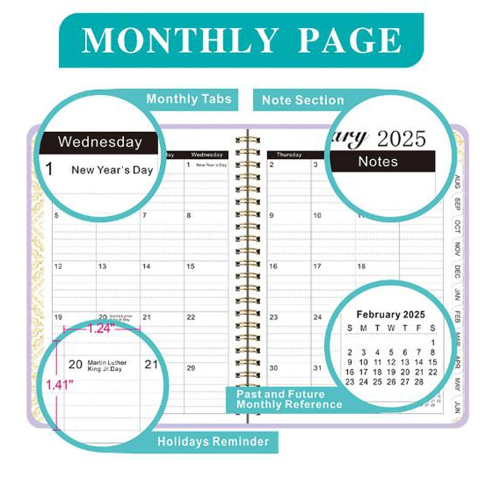 สมุดแพลนเนอร์2024 2025รายเดือนปฏิทินรายเดือน-จูล2024-จุนไดอารี่2025กระดาษย่นนุ่มเครื่องเขียนสำหรับโรงเรียนสำนักงาน