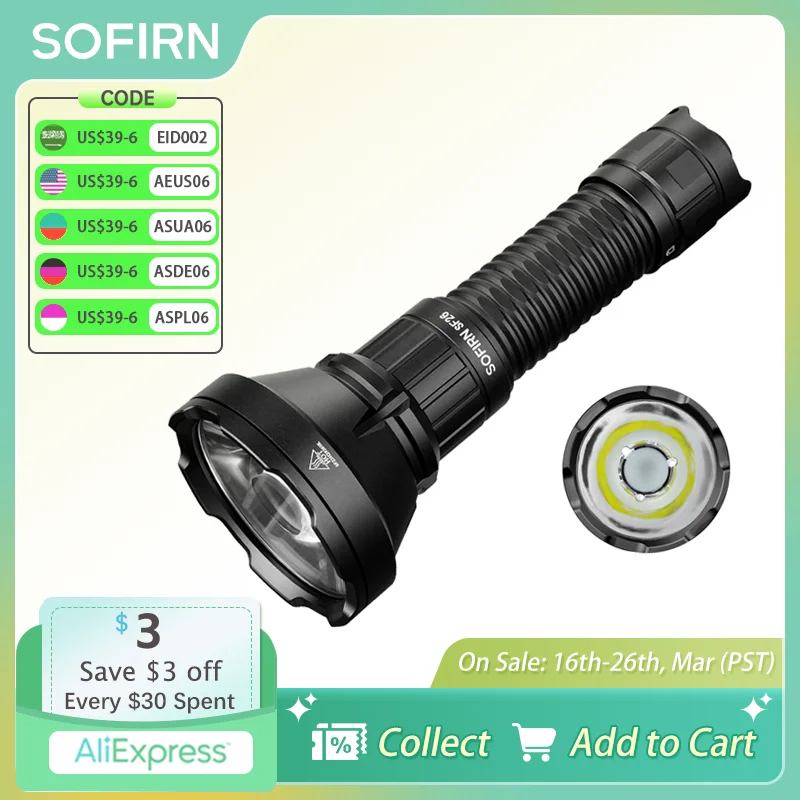 Sofirn Tactical SF26 21700  Flashlight 2000lm 964m Long-Range USB C Rechargeable Torch with Double Tail Switch IPX-8