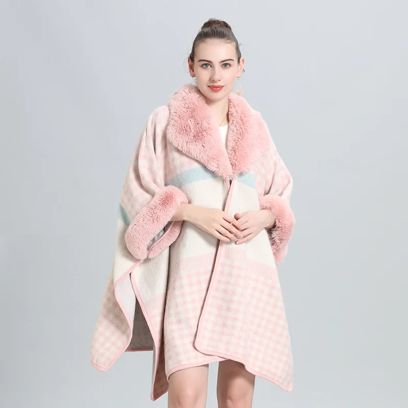 

X2074 New Autumn Winter Women's Loose Plaid Faux Fur Collar Poncho Wool Blends Knitted Cardigan Shawl Cape Cloak Outerwear Coat