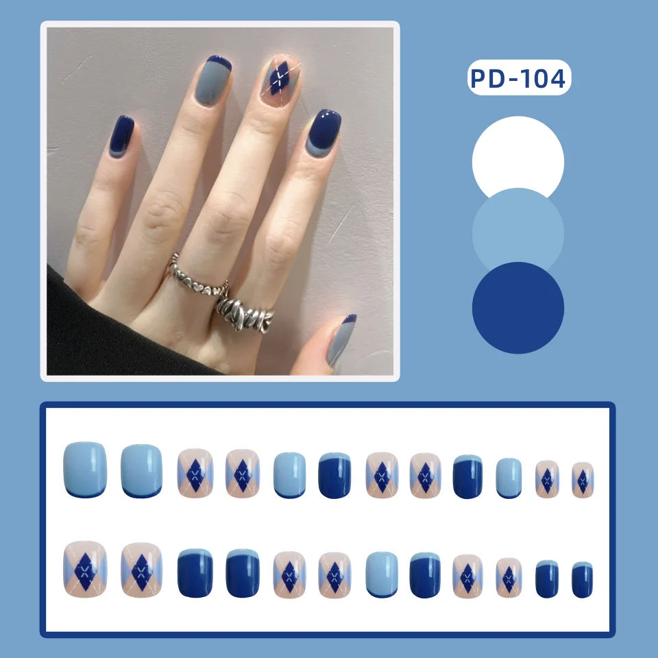 24Pcs Blue Rhombus Fake Nails Press On Nail Art Student Korean Version Removable Full Cover Artificial False Nails Tips Wearing