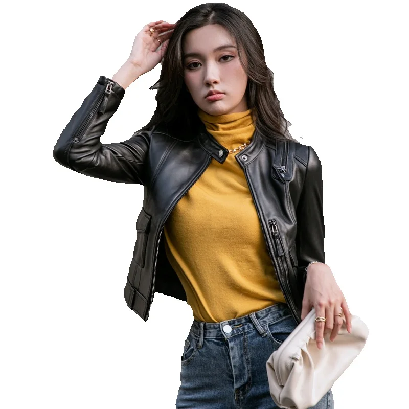 Standing Collar Genuine Leather Jacket For Women's Short And Semi Vegetable Sheepskin Spring Explosive Motorcycle Jacket Jacket