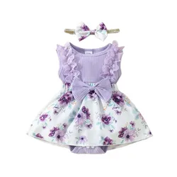 Baby Girl Clothes 0-18 Months Jumpsuits Purple Sleeveless Printing Skirt Onesies with Hairband Summer Infant Toddler Outfits