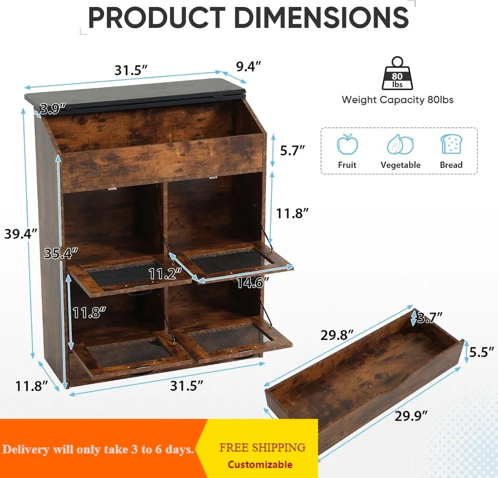 Wooden Potato Onion Storage Bin 4 Tier with Mesh Doors Drawer Kitchen Organizer