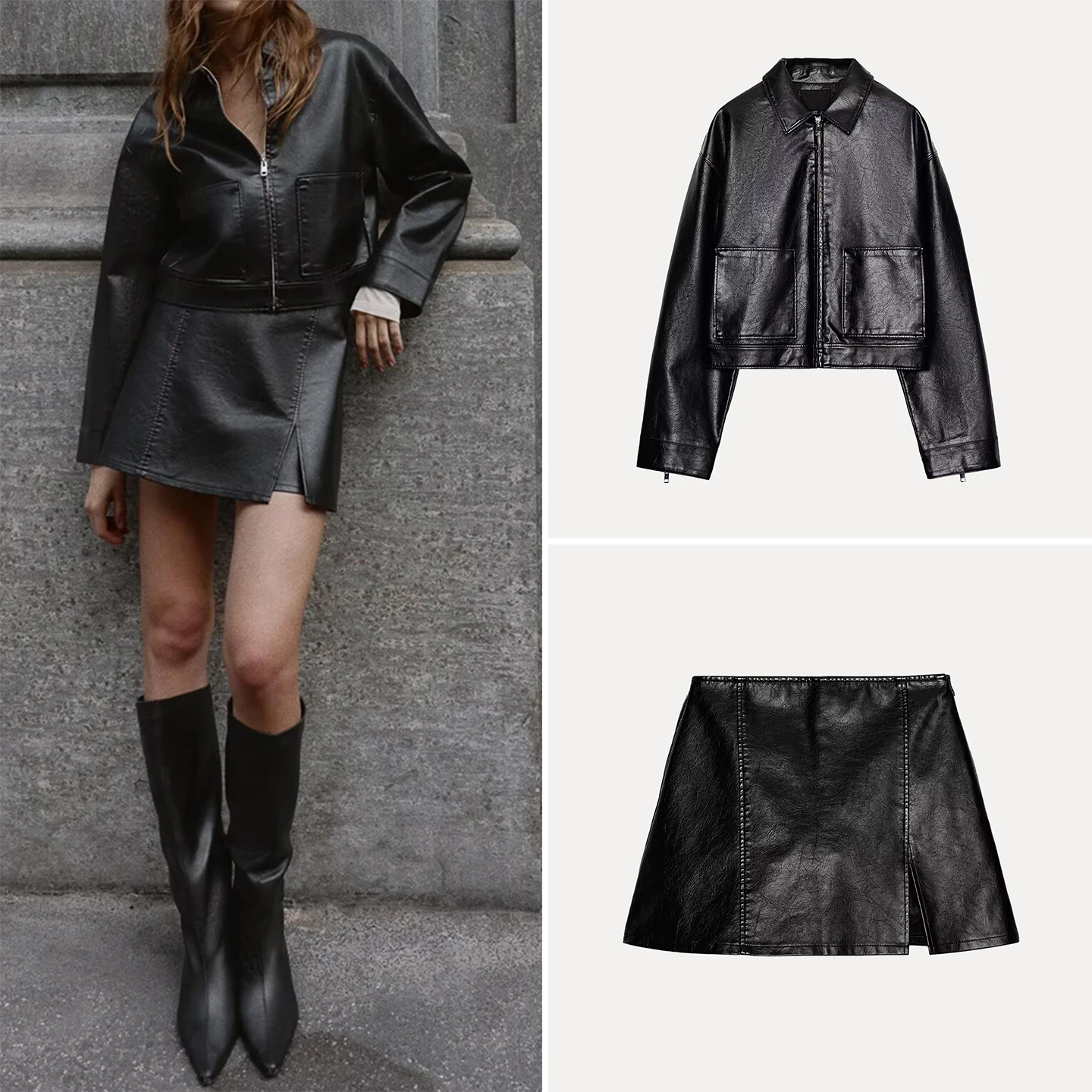 

Женский модный комплект Z, осенний сезон 2022, длинный све или джинт и кожаная юбка с высокой талией, комплект из двух предметов