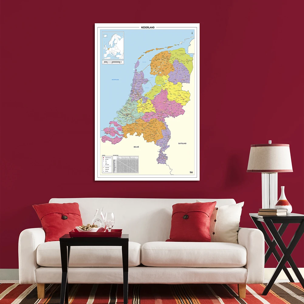 Nederland Kaart Nederlandse Taal Niet-Geweven Canvas Schilderij Muurkunst Poster Huisdecoratie Schoolbenodigdheden 100*150Cm