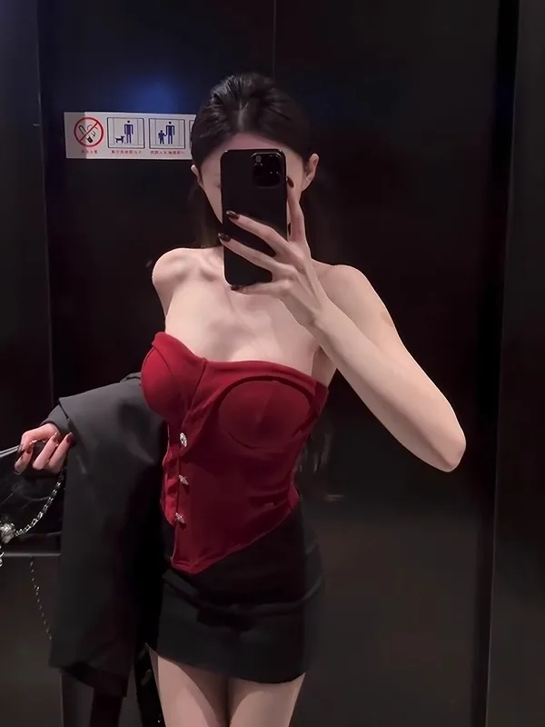 Top Sem Mangas Vermelho para Mulheres, Estilo Coreano, Ajuste Slim, Efeito Emaecido, Cor Pura