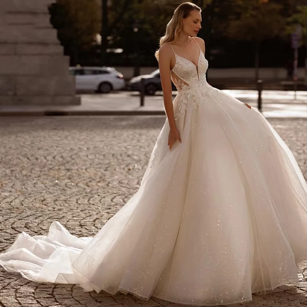 

Sexy V-Neck Sleeveless Women Wedding Dresses Elegant Lace Printing A-Line Bridal Gowns Mopping Length Princess Party Customized