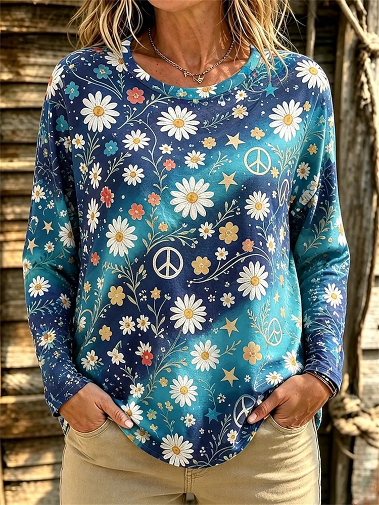 Women's Long-Sleeve Casual T-Shirt Fall 2026 New Arrival Peace Sign Floral Print Crew Neck Loose Fit Street-Style Top