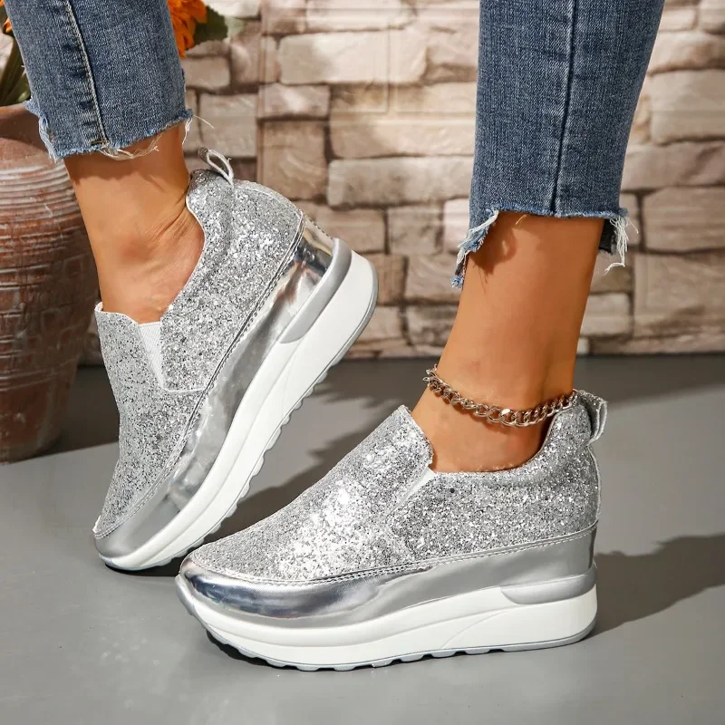 2024 Hot Sale Women's Shoes Slip-on Women's Vulcanize Shoes Fashion Sequins New Round Toe Wedge Ladies Casual Shoeszapatos Mujer