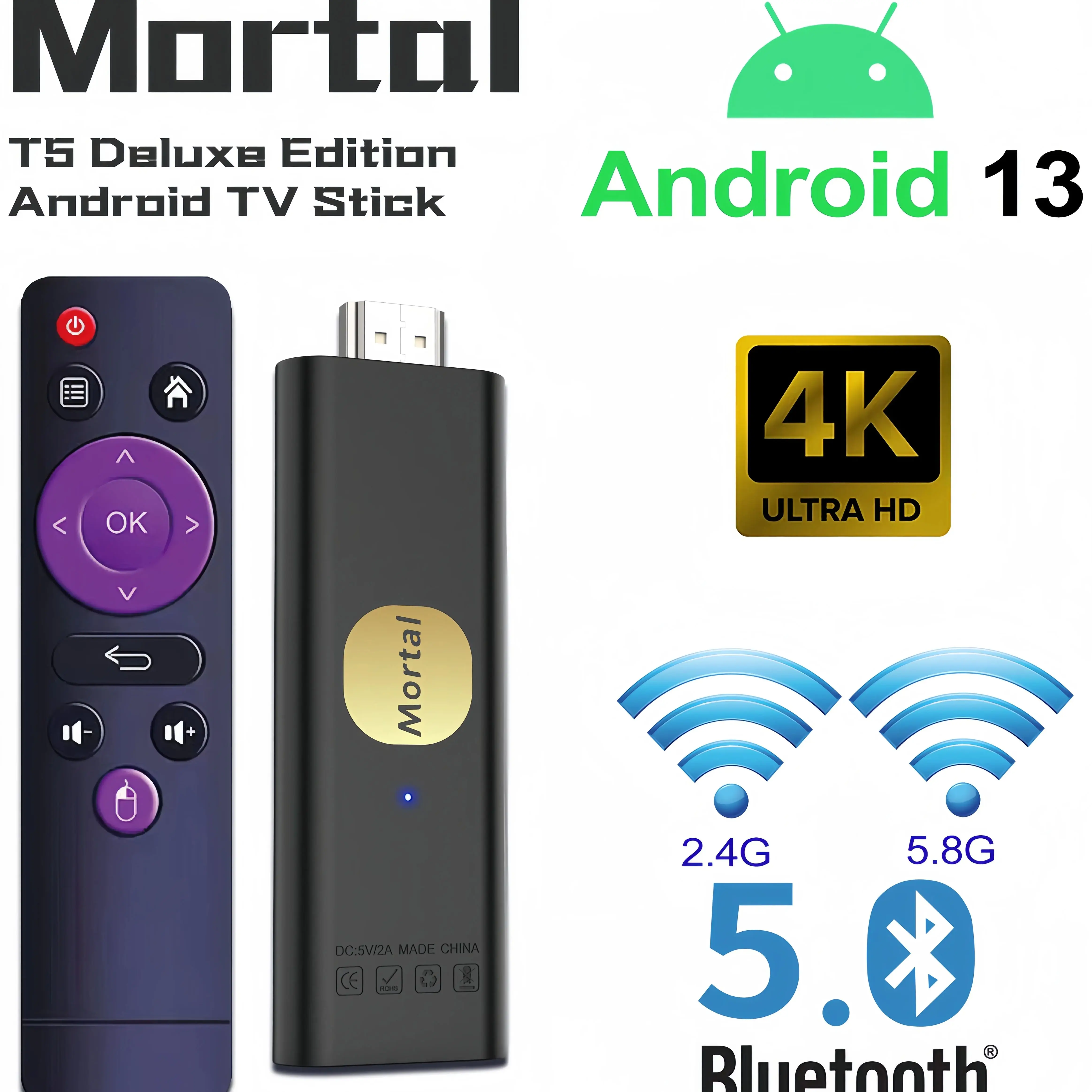 Mortal T5 TV Stick Android 13.0 Allwinner H313 Voice Control Quad Core Cortex A53 Google System BT5.0 4K HDR10+WIFI Media Player