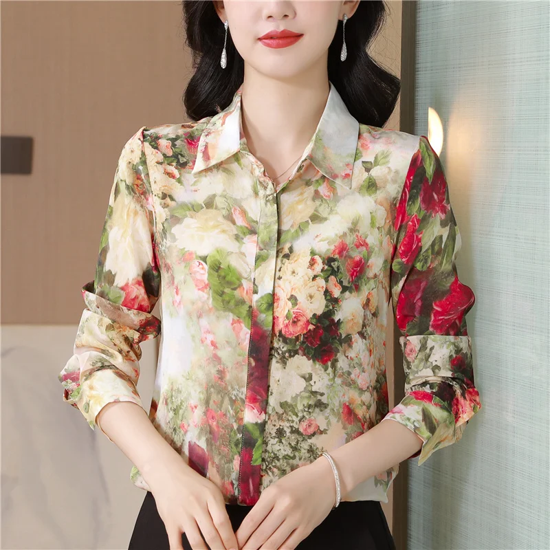 Elegant Flower Printed Satin Shirts And Blouses Women New 2024 Fashion Korean style Women\'s Clothing Blusa Tops Camisas E Blusas