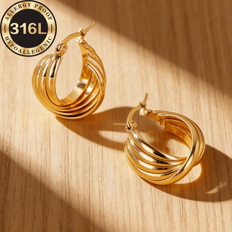 Stainless steel hypoallergenic Golden earrings, hemisphere five-wire cross-spell round, gold and silver, high quality