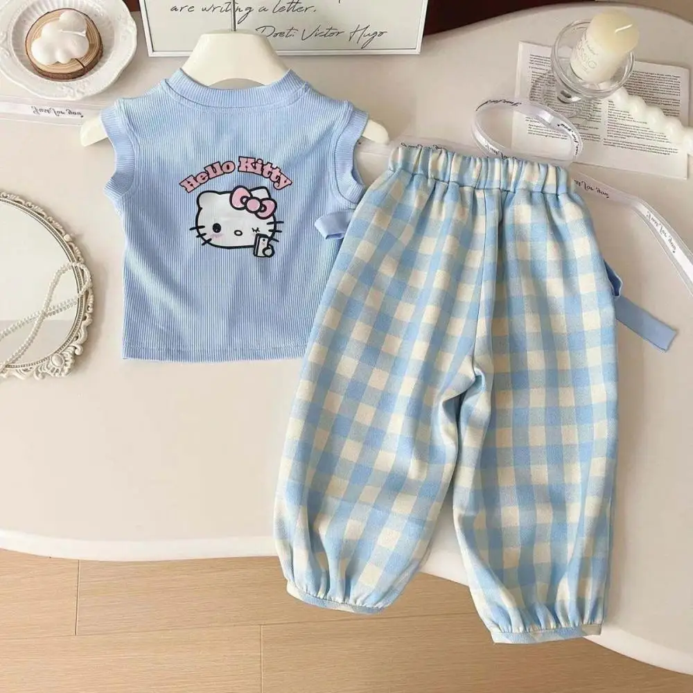 

Sanrio Hello Kitty Summer Girls Sleeveless Children's Vest Stylish T-Shirt+Trousers Plaid Suit Children's Clothing Short Sleeve