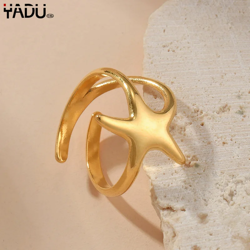 

1pc Fashion Star Adjustable Starfish Simple Titanium Steel Gold Color Open Ring Woman Party Prom