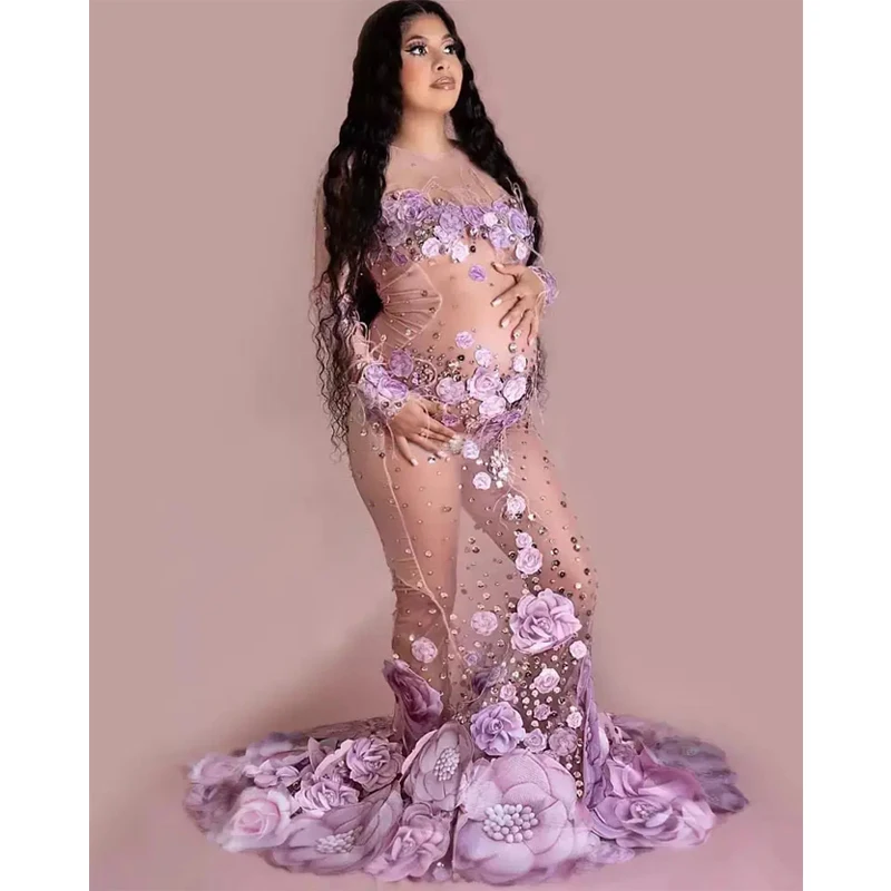 New 2024 Shiny Diamonds Romantic Pink Rose Elegant Maxi Maternity Dress Photoshoot Sexy Dress