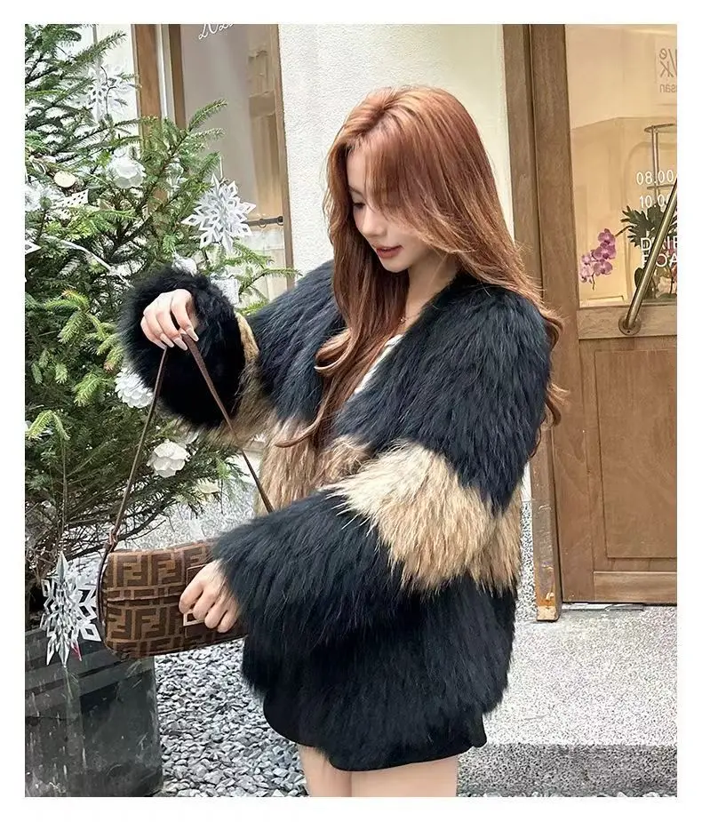 Spring and autumn new 100% real raccoon hair double-sided knitted women\'s luxury long front knitted two-color clothing