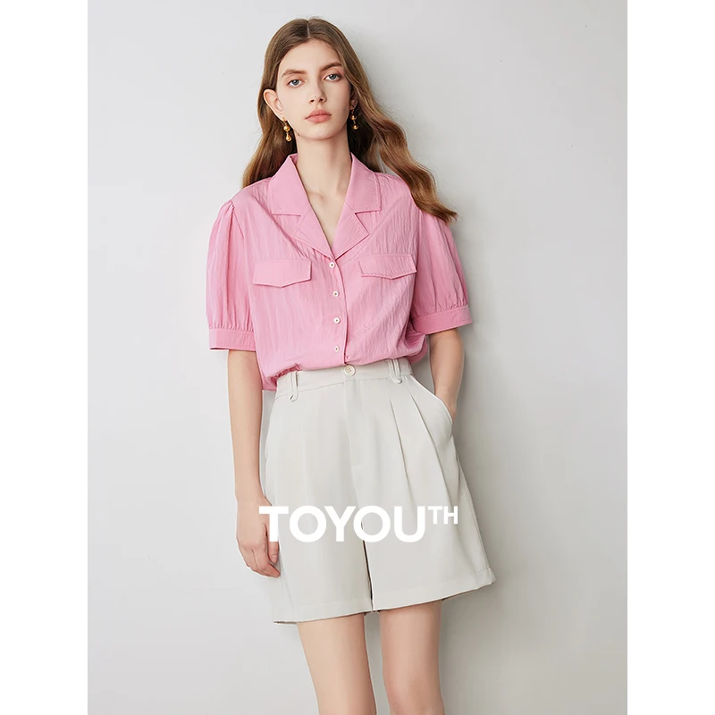 

TOYOUTH Women Blouse Shirt 2024 Summer New Rose Pink Turn Down Collar Short Buff Sleeve Fashion Lady Commuting Tops