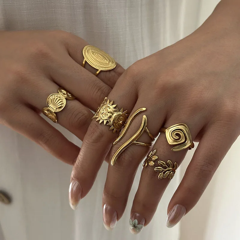 New Stainless Steel Open Rings Set for Women Vintage Gold Color Sun Leaf Shell Geometric Cuff Ring Hypoallergenic Jewelry Gift