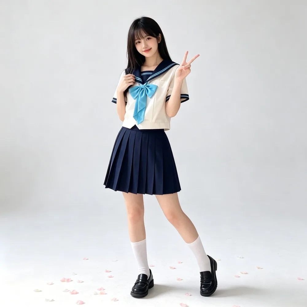 本格的なセーラーjk制服2点セット、普段着やアニメコスプレに最適なプリーツスカート付きのクラシックなプレッピーカレッジ衣装