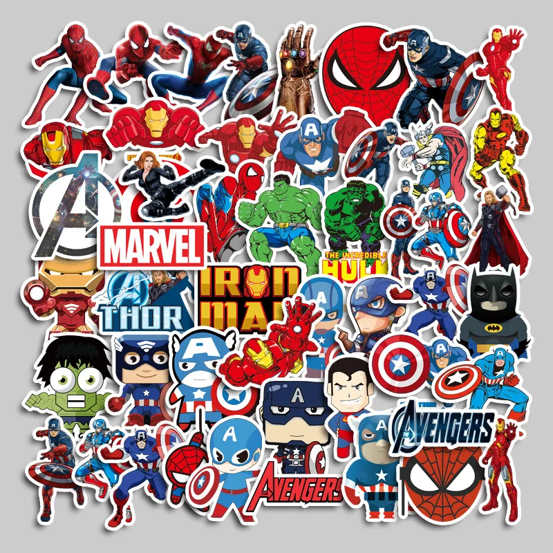 50PCS Disney Avengers Cute Super Hero Cartoon Stickers Graffiti Decals Laptop Car Bike Toy Sticker for Kids Spider Hero Birthday