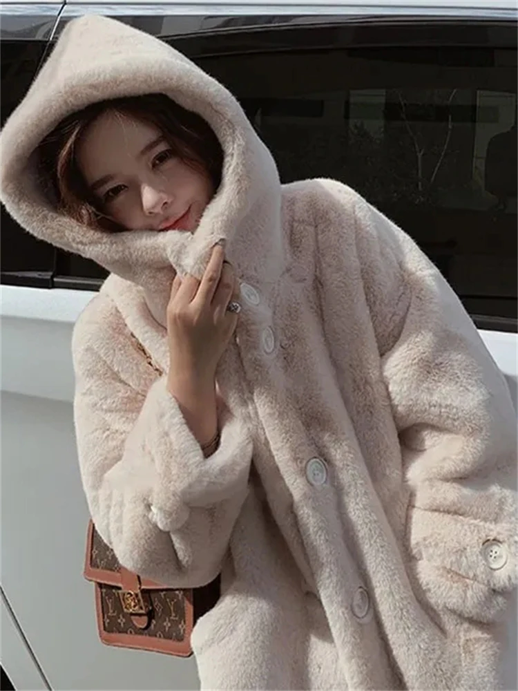 Warm Thicken Hooded Faux Fur Coats Winter Elegant Women Jackets Oversized Plush Mid-length Jaqueta New Korean Furry Outerwear