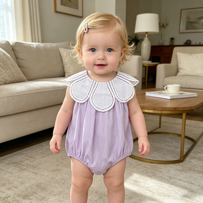 

2026 Newborn 0-24M Baby Girl Clothing Petal Collar Baby Girl Romper Summer Cotton Splicing Toddler Baby Girl Sleeveless Jumpsuit