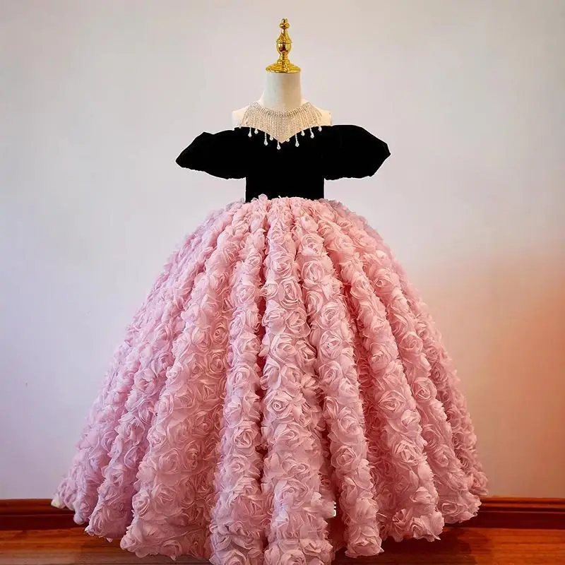 

Children Princess Dress Pink Light Luxury Girls Dress Little Girls Stylish Fluffy High-end Piano Performance Costume Dress