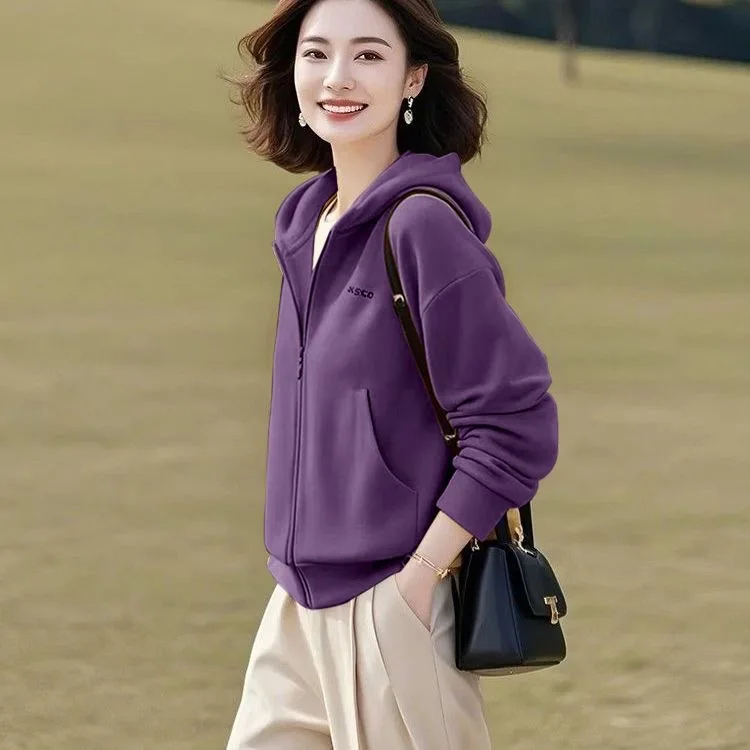 High-End Women's Large Size Sweatshirt Jacket Spring Autumn New Style Small Figure Base Shirt Hooded Top Commute Style Loose Fit