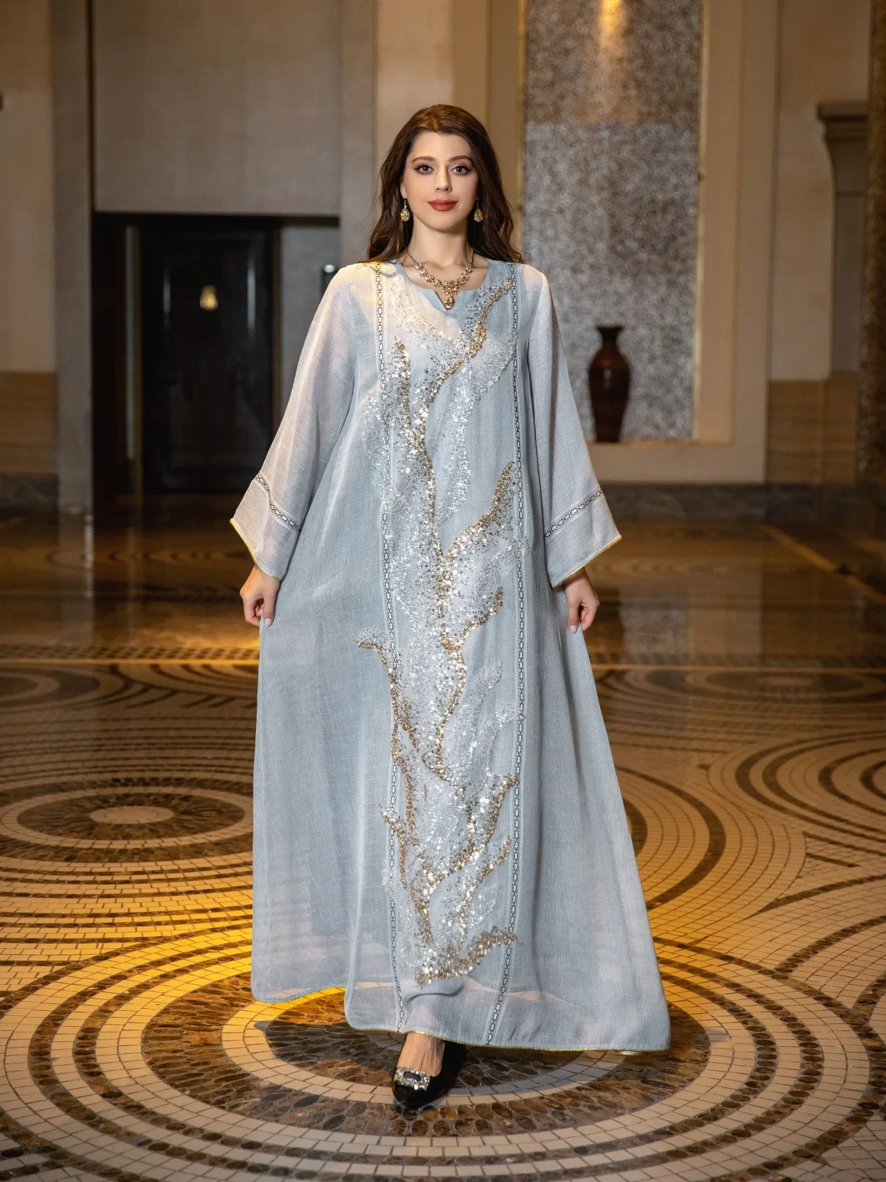 Luxury Mesh Sequins Embroidered Abaya Dress for Women Muslim Dubai Evening Party Robe Moroccan Kaftan Turkey Arabic Eid Jalabiya