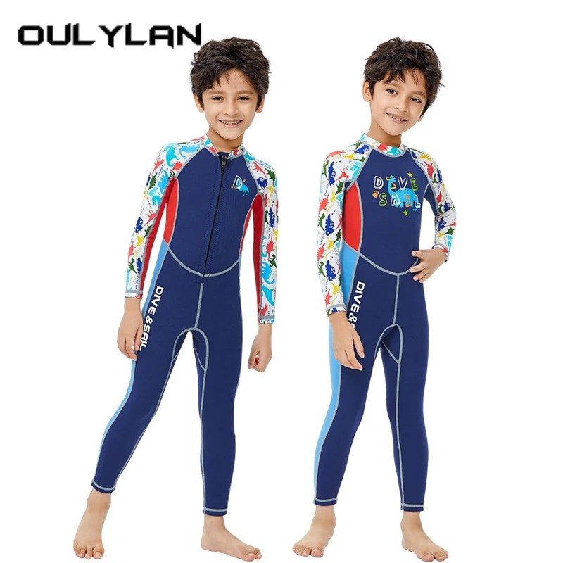 Oulylan Children's Warm Diving Suit 2MM One-Piece Swimsuit Boys Long-Sleeved Sun Protection Beach Snorkeling Surfing Suit