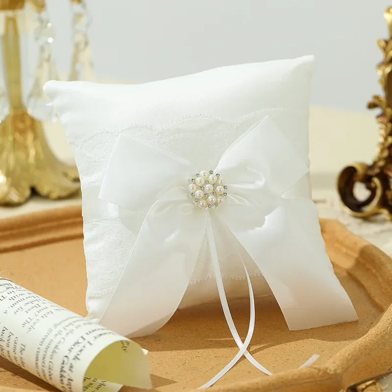 Almohada negra para portador de anillos de boda con lazo de cinta de encaje, almohada negra para portador de anillos, accesorios de boda con lazo de perlas