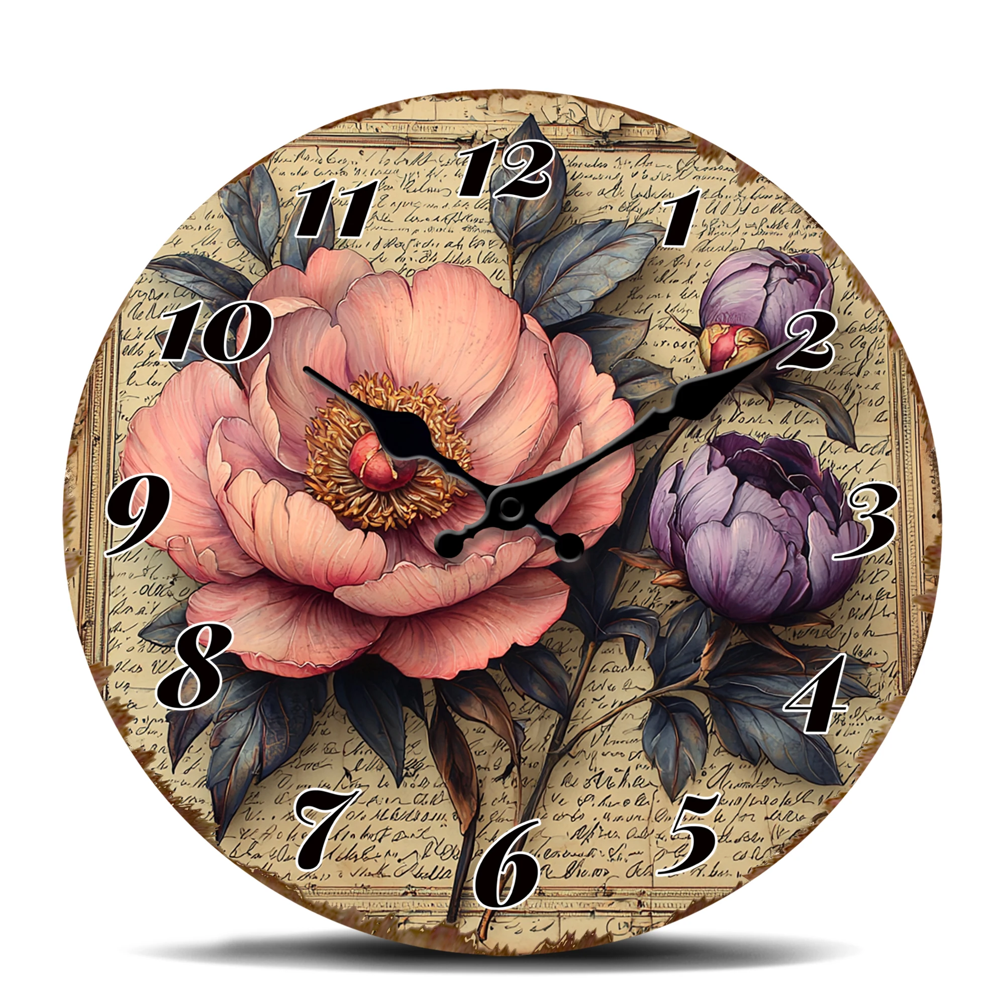 Vintage Pfingstrosenblüten auf altem Papier, runde Wanduhr, Shabby-Chic-Dekor, geräuschlose Quarzuhr mit romantischer Blumenkunst und Antik