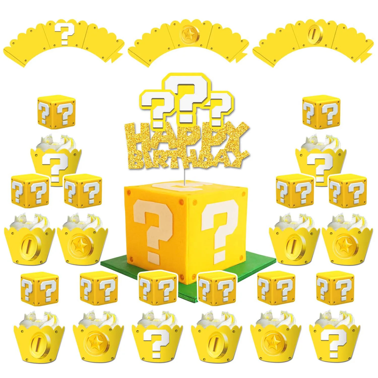 

Super Mario Yellow Question Mark Party Background Decoration Set Cake Planting Flag Children's Birthday Party Supplies Toy Gifts