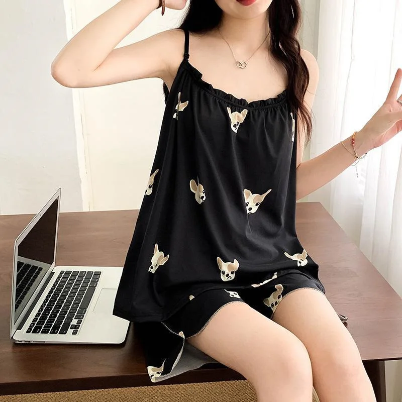 150kg Plus Size Women Cartoon Sleepwear Short Sets Cami&Short Pajamas PJ Sets  3XL Extra Large Size Summer Satin Loose Homewear