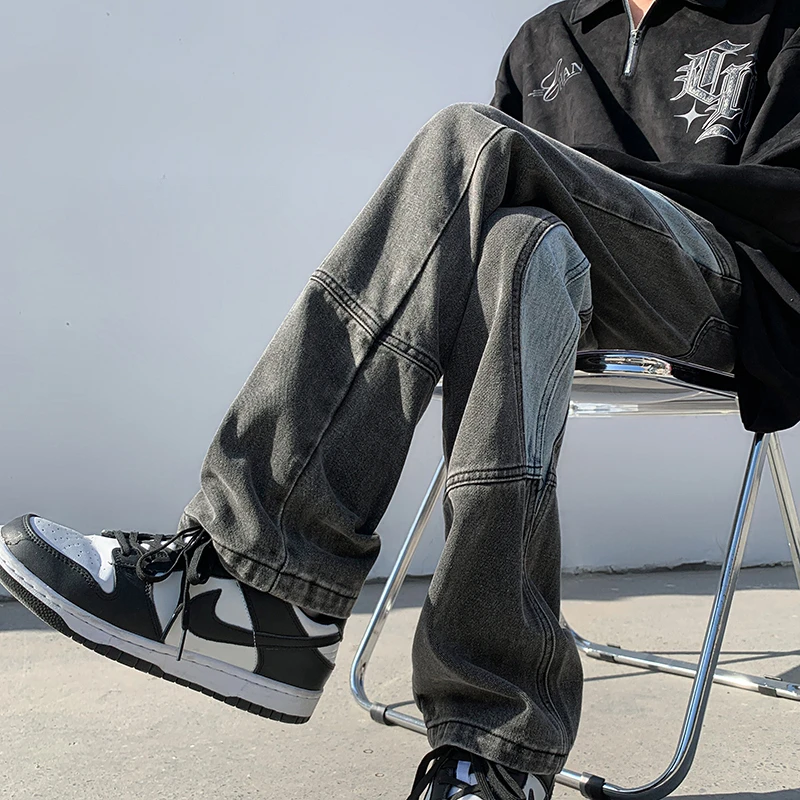Patchwork Jeans Men Vertical Panelled Streetwear American Style Oversize Straight Spring Autumn Handsome Mopping Trousers Cozy